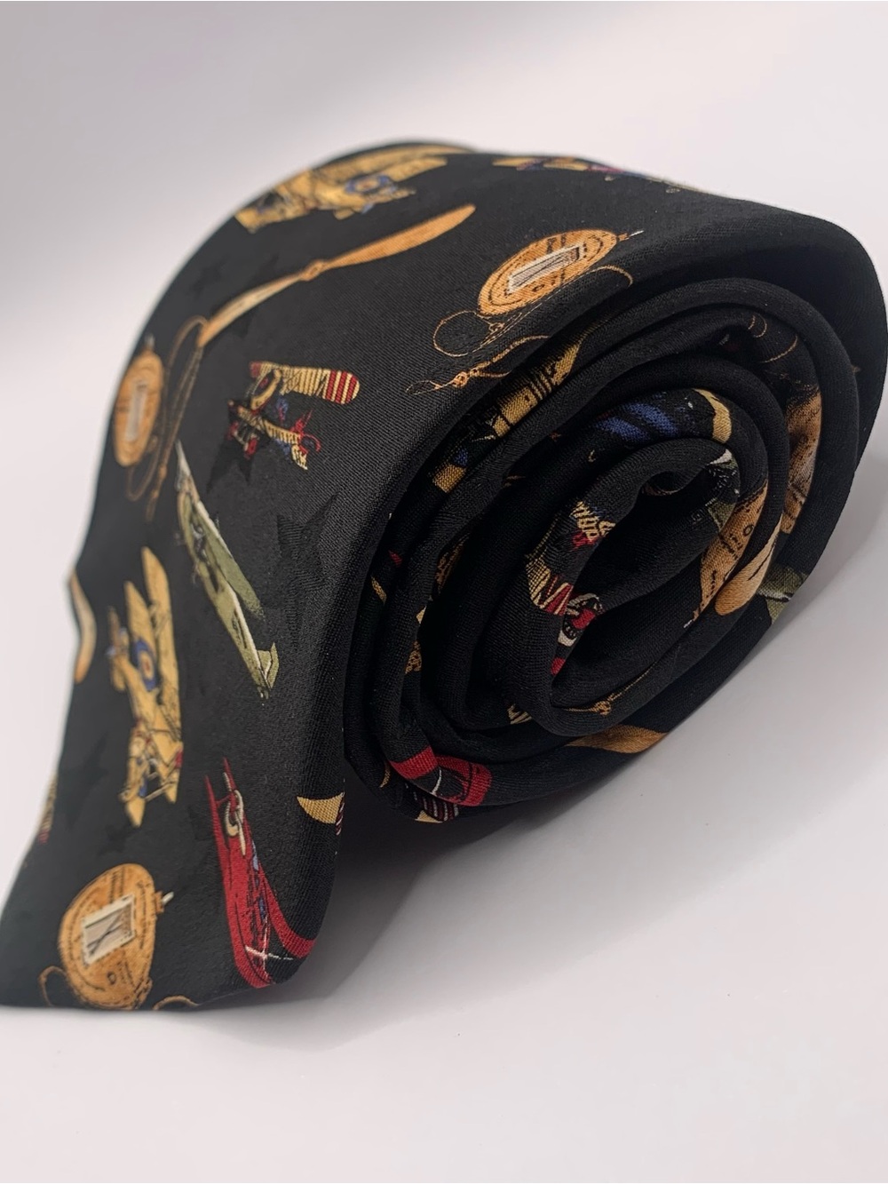 Black Men's Patterned Tie with Gold and Red Accents Rare Imported Tie business